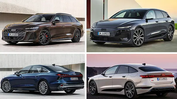 Audi A6 Avant, A6 Limousine, e-tron Avant und e-tron Sportback in einer Bildkollage zusammengefasst. - Foto: Audi/Kollage: AUTO ZEITUNG
