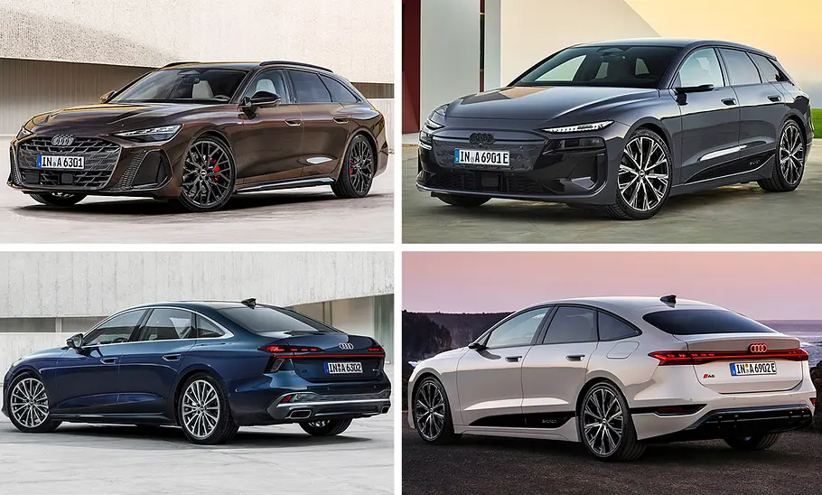 Audi A6 Avant, A6 Limousine, e-tron Avant und e-tron Sportback in einer Bildkollage zusammengefasst.