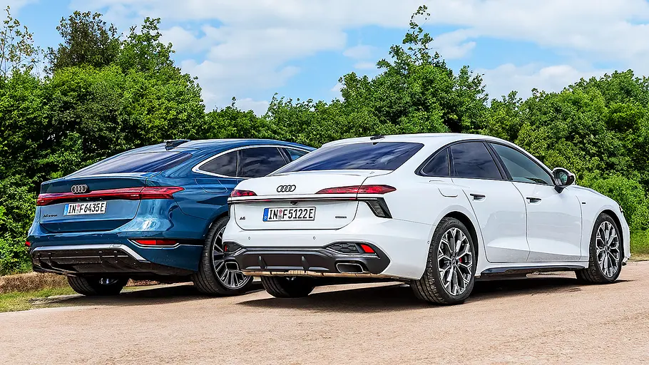 Audi A6 e-tron/Audi A6 e-hybrid Blick von schräg hinten auf den Audi A6 e-tron und Audi A6 e-hybrid.