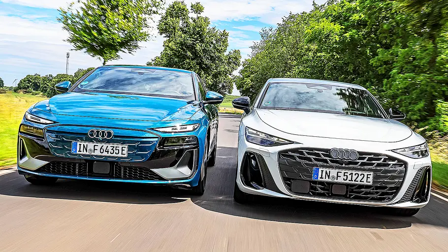 Audi A6 e-tron/Audi A6 e-hybrid Blick von schräg vorne auf den fahrenden Audi A6 e-tron und Audi A6 e-hybrid.