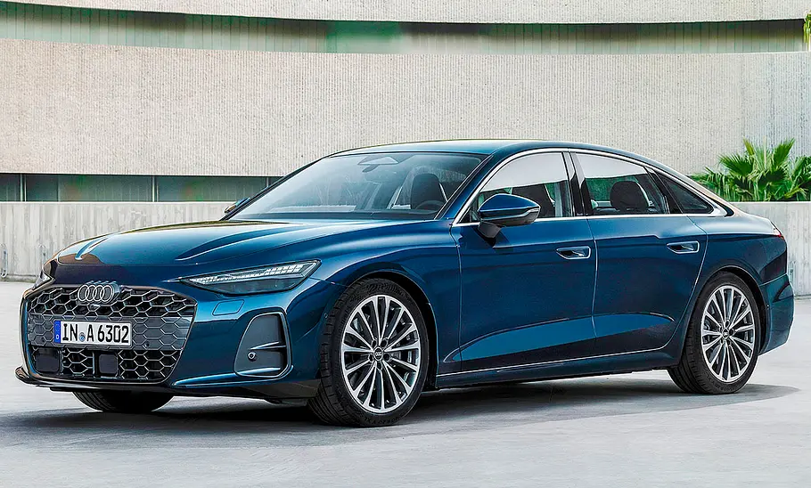 Die Audi A6 Limousine (2025) statisch von schräg vorne fotografiert.