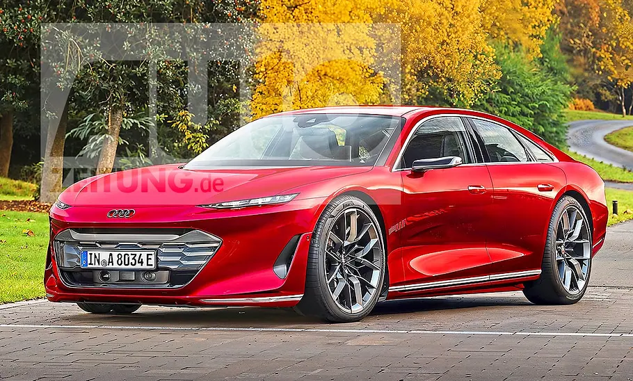 Blick von schräg vorne auf eine Illustration des Audi A8 e-tron (2028).