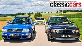 Der Audi RS2 Avant, der Volvo 850 T5-R und der BMW M5 Touring (E34) fahrend von vorne fotografiert. - Foto: Tom Kirkpatrick