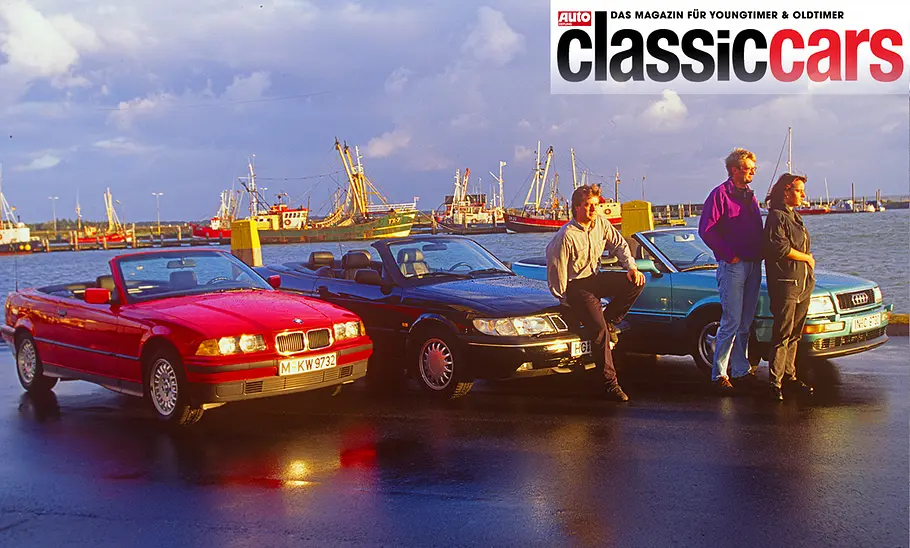 BMW 320i Cabrio/Saab 900 Cabrio/Audi Cabrio BMW 320i Cabrio, Saab 900 Cabrio und Audi Cabrio stehend von vorne.