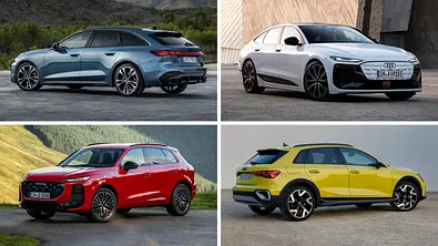 Die Collage zeigt vier Audi-Modelle statisch: oben links den A5 Avant, oben rechts den A6 e-tron, unten links den Q3, unten rechts den A3 Allstreet. - Foto: Audi/Collage: AUTO ZEITUNG