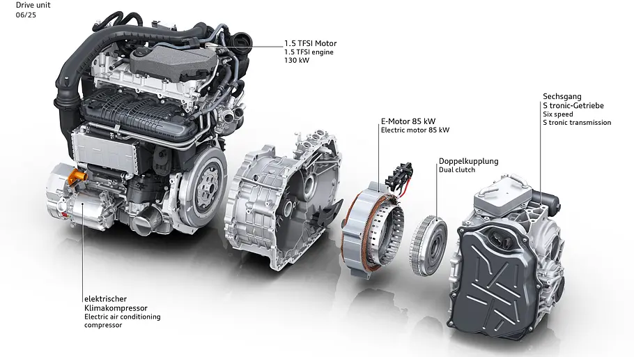Audi Q3 Sportback e-Hybrid 200 kW Technische Zeichnung zum Antriebsstranges des Audi Q3 Sportback e-Hybrid 200 kW.