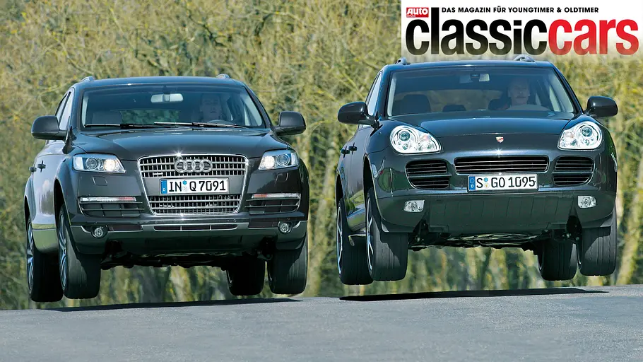 Audi Q7 4.2 und Porsche Cayenne S fahrend von vorne.