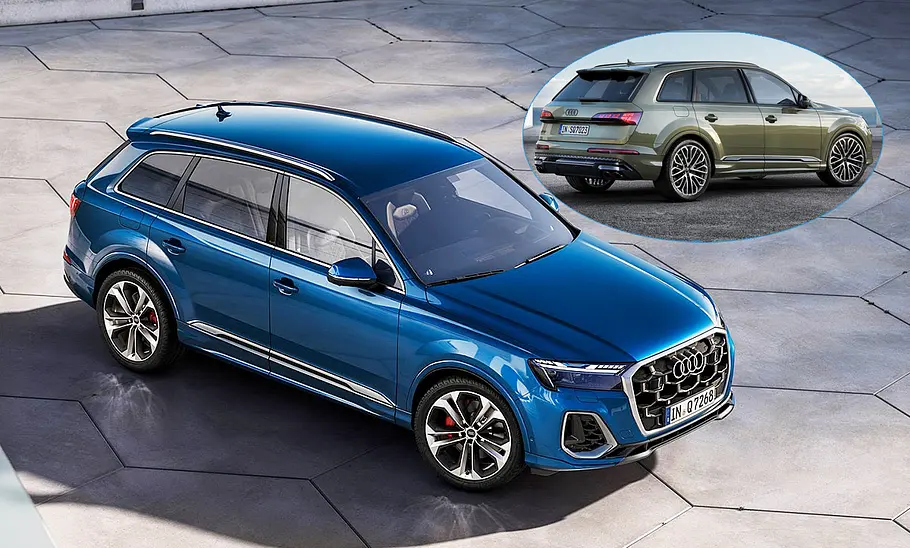 Audi Q7/SQ7 Facelift (2024) Das Audi Q7 Facelift (2024) von schräg vorne, eingeklinkt oben links das Audi SQ7 Facelift (2024) von schräg hinten.