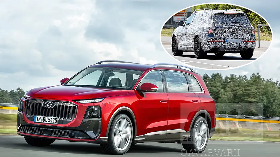 Audi Q9 (2026) Eine Collage zeigt den Audi Q9 (2026) als Computer-Illustration und Erlkönig.