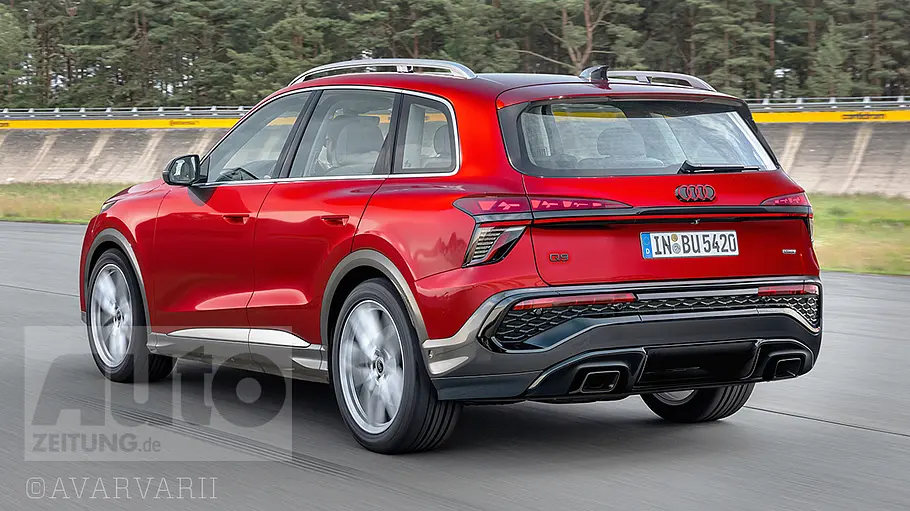 Audi Q9 (2026) Eine Computer-Illustration zeigt den Audi Q9 (2026), der über eine Teststrecke fährt.