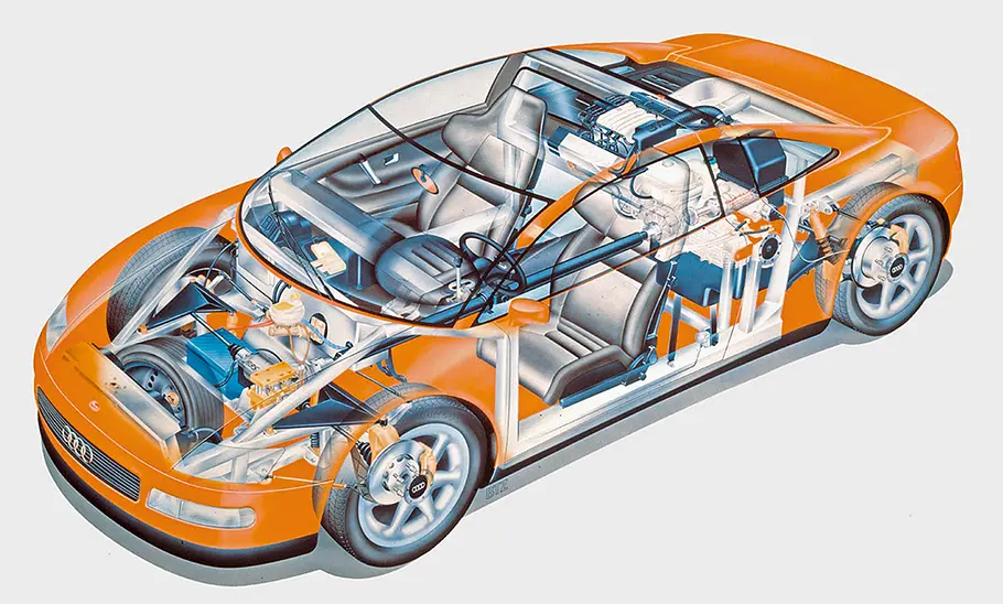 Eine Schnittzeichnung des Audi Quattro Spyder (1991).
