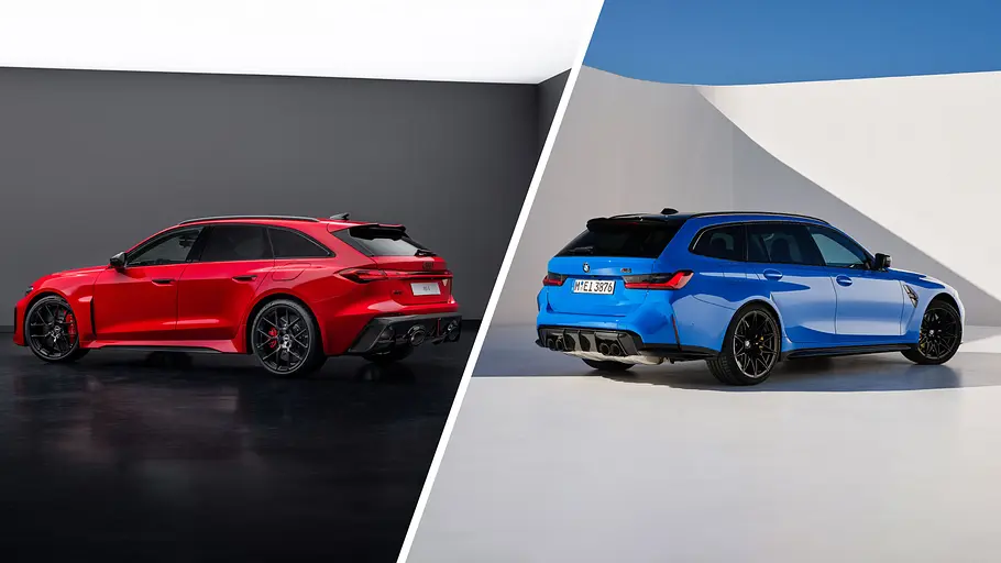 Eine Collage zeigt statische Fotos von Audi RS 5 Avant und BMW M3 Touring.