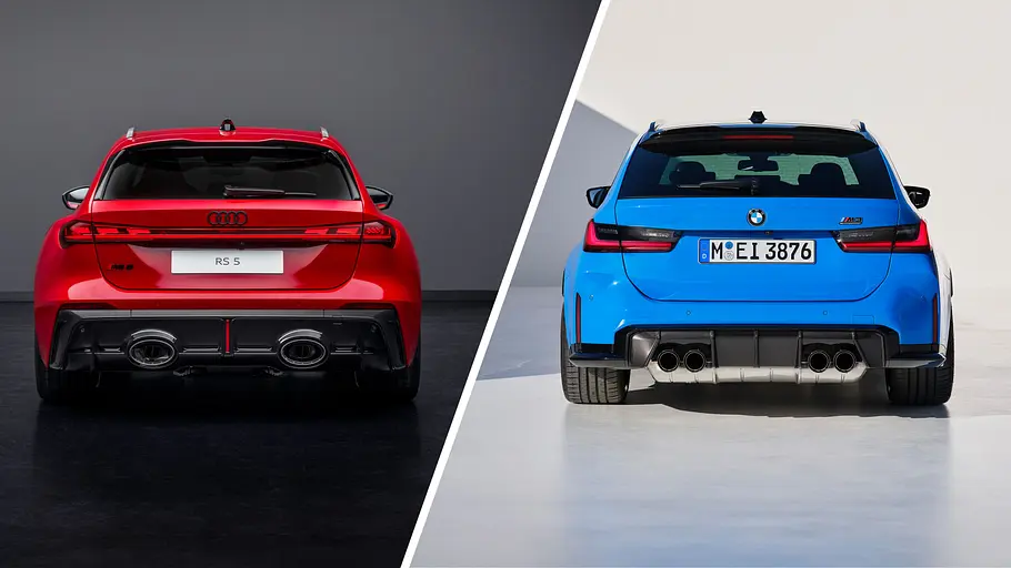 Eine Collage zeigt Audi RS 5 Avant und BMW M3 Touring statisch von hinten.