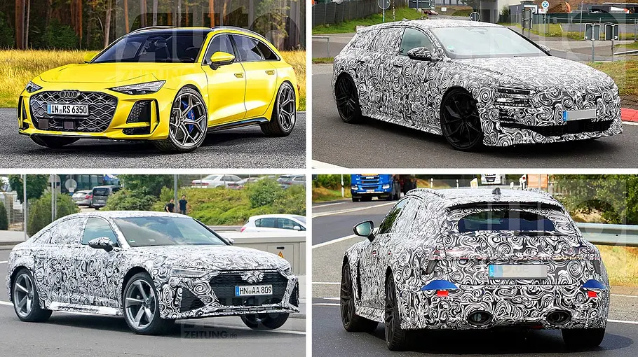 Eine Collage zeigt den Audi RS 6 in vier Varianten als Computerillustration und Erlkönig.