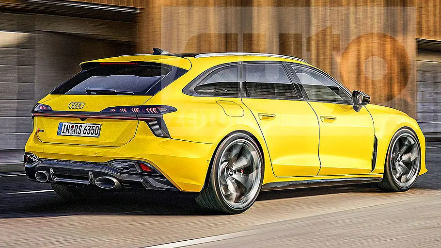 Blick von schräg hinten auf den illustrierten Audi RS 6 Avant (2026).