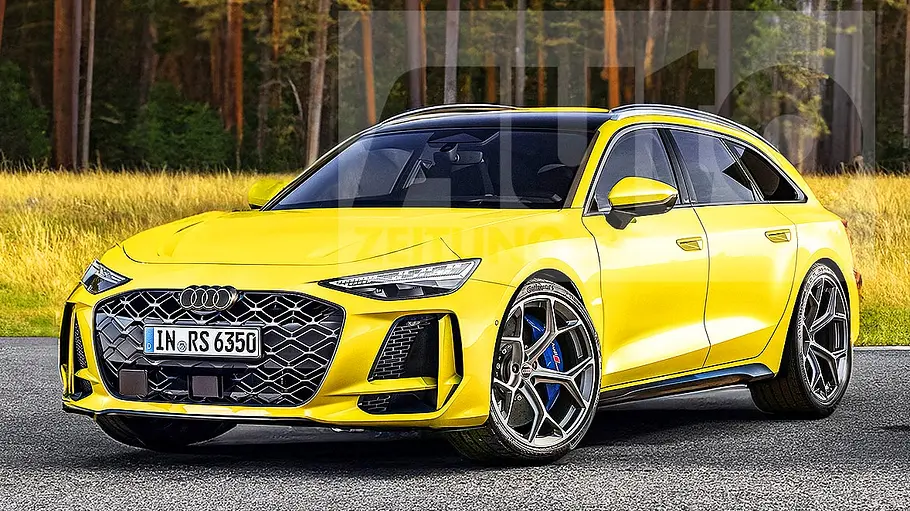 Blick von schräg vorne auf den illustrierten Audi RS 6 Avant (2026).