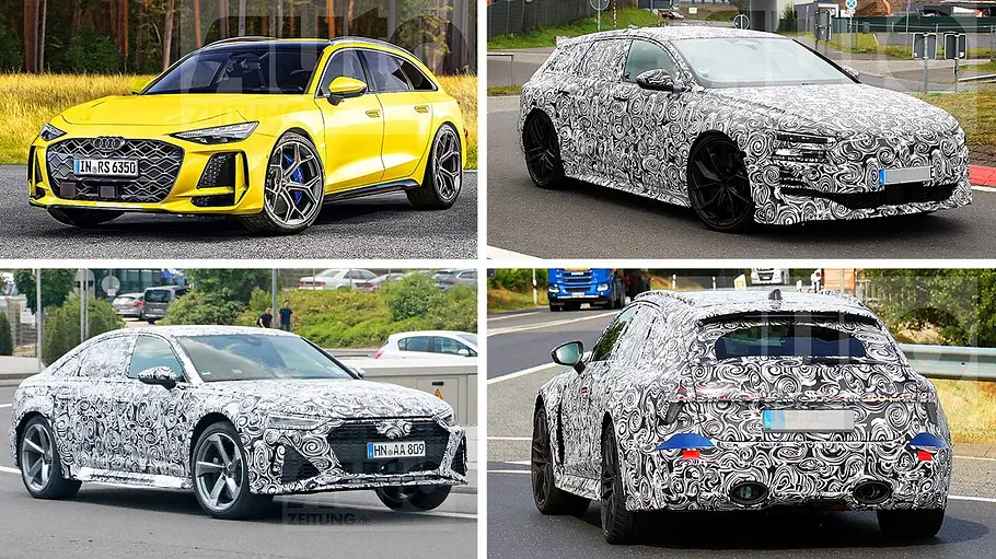 Collage aus verschiedenen Erlkönigen und einer Illustration des Audi RS 6 (Avant) e-tron (2026).