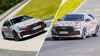 Collage des Audi RS3 und Audi RSQ8 während sie auf der Nordschleife fahren. - Foto: Audi/Collage: AUTO ZEITUNG
