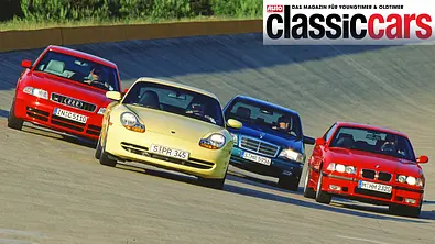 Audi S4, Porsche 911, Mercedes C 43 und BMW M3 fahrend von vorne. - Foto: Willy Bister