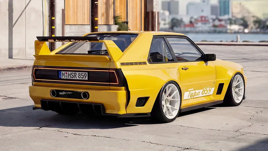 3d-Simulation des Audi Sport quattro HSR Type 859, von schräg hinten.