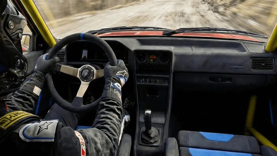 Cockpit als 3d-Simulation des Audi Sport quattro HSR Type 859, von hinten.