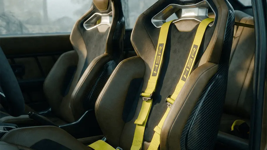 Vordersitze als 3d-Simulation des Audi Sport quattro HSR Type 859, von der Seite.