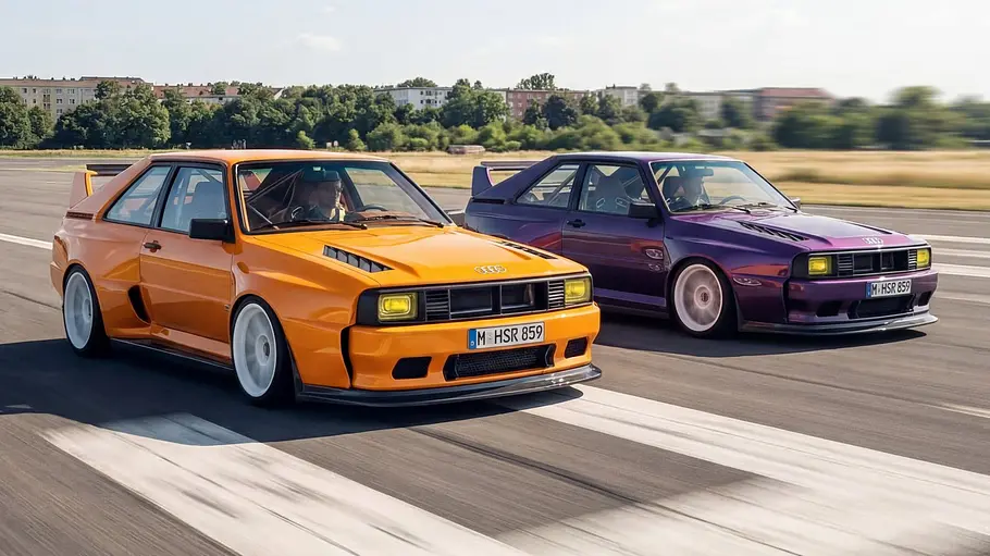 3d-Simulation von zwei Audi Sport quattro HSR Type 859, fahrend von schräg vorne.