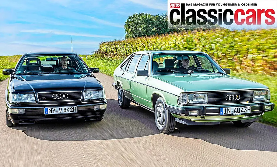 Der Audi V8/Audi 100 Avant fahrend von schräg vorne fotografiert.