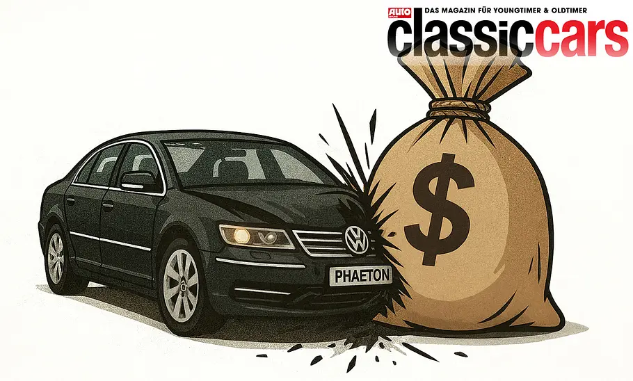 Die größten Flops der Autogeschichte Zeichnung eines VW Phaeton, der in einen Geldsack crasht