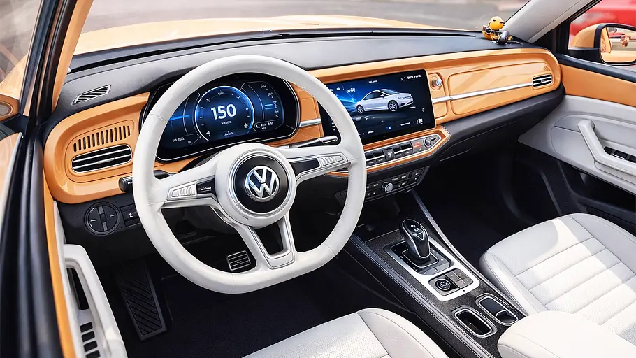 Blick auf die KI-generierten Armaturen eines Volkswagens.