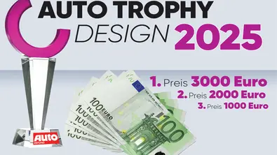 Auto Trophy Design 2025: Symbolbild zeigt den Pokal der Auto Trophy Design sowie 100-Euro-Geldscheine als Preis. - Foto: AUTO ZEITUNG