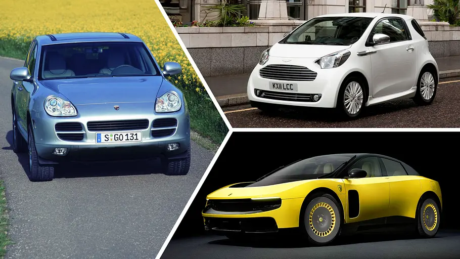 Eine Collage zeigt Porsche Cayenne, Aston Martin Cygnet und Ferrari Luce.