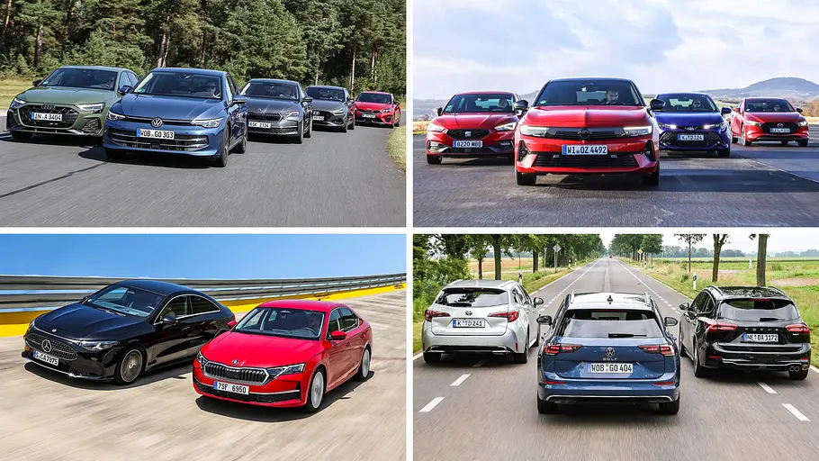Beste Kompaktwagen im Ranking Eine Collage zeigt vier Fotos von jeweils mehreren Kompaktwagen.