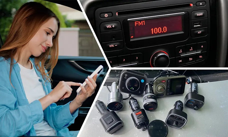 Eine Kollage die eine Frau am Handy, ein Autoradio und die Bluetooth-FM-Transmitter zeigt.