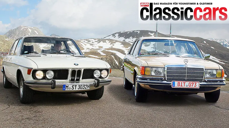 BMW 3.0 S und Mercedes 350 SE stehend von vorne