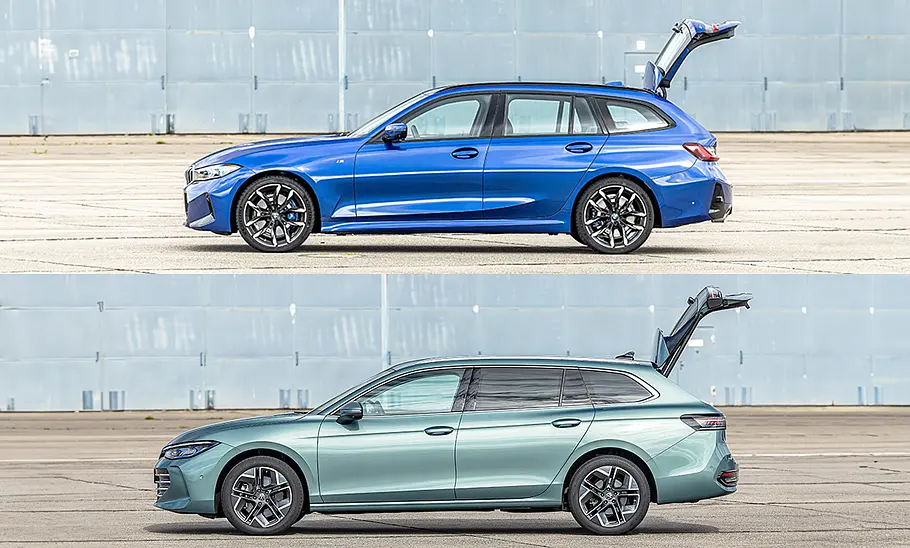 BMW 3er und VW Passat mit geöffneter Heckklappe im Profil abgebildet