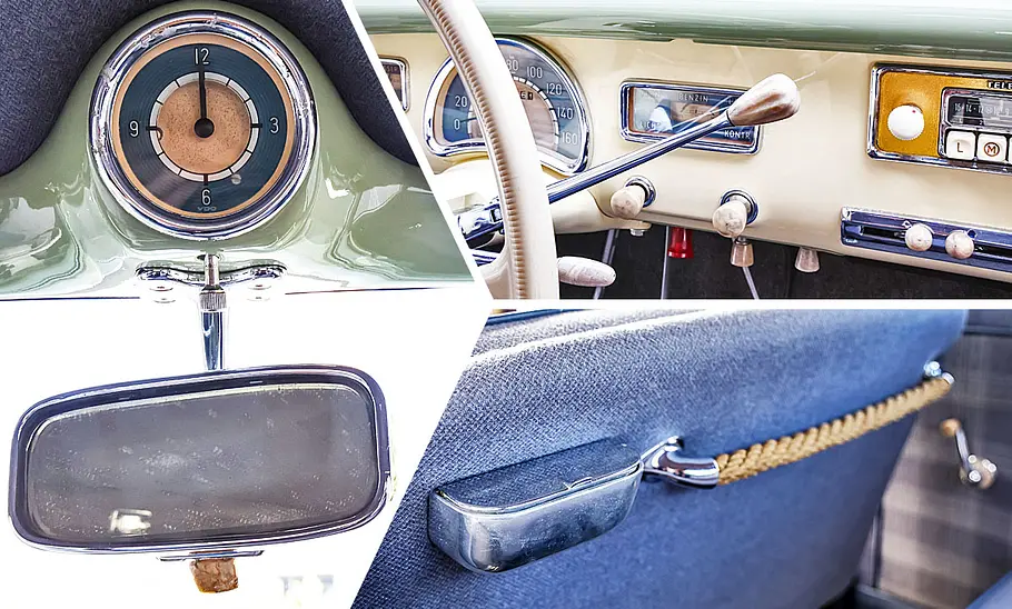 BMW 501 Barockengel Kollage mit Innenraumdetails des BMW 501 Barockengel.