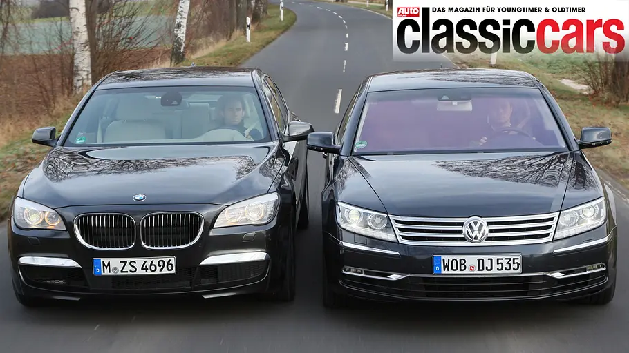 BMW 740i/VW Phaeton V8 4Motion fahrend von vorne fotografiert. 