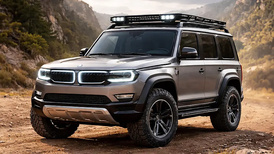 BMW G74 Rugged (2029) Blick von schräg vorne auf den digital generierten BMW G74 Rugged (2029).