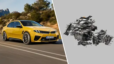 Computer-Illustration des kommenden BMW i3 M als Serienmodell und eine technische Zeichnung des E-Motors. - Foto: Avarvarii/BMW/Collage: AUTO ZEITUNG