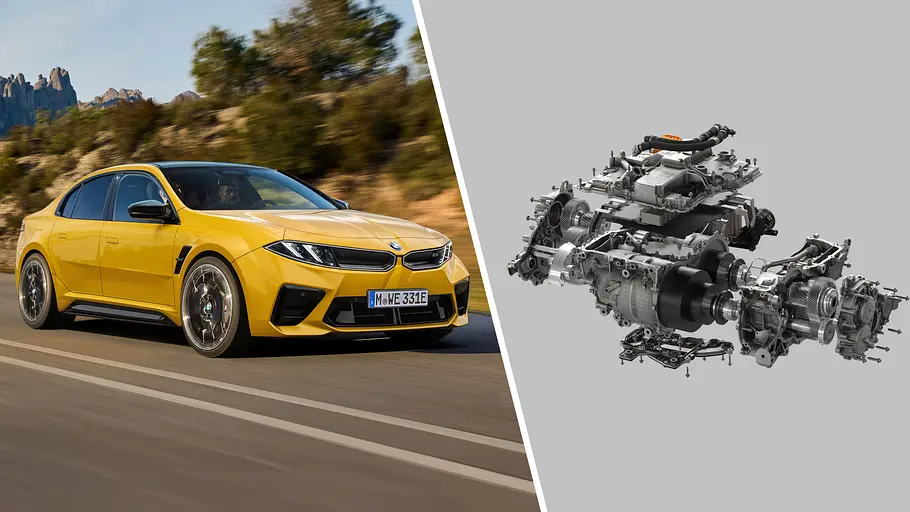 BMW i3 M (2027) Das Bild zeigt eine Computer-Illustration des kommenden BMW i3 M als Serienmodell und eine technische Zeichnung des E-Motors.