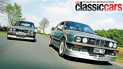 Blick von vorne auf die fahrenden Autos BMW M3 Evolution und /Alpina C2 2.7. - Foto: Lyndon McNeil