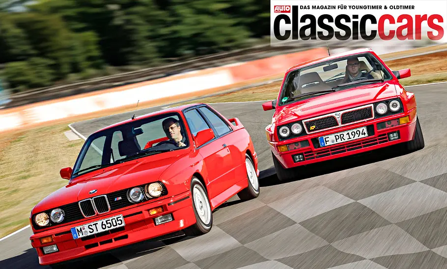 BMW M3/Lancia Delta HF Integrale Evo II fahrend von schräg vorne fotografiert.