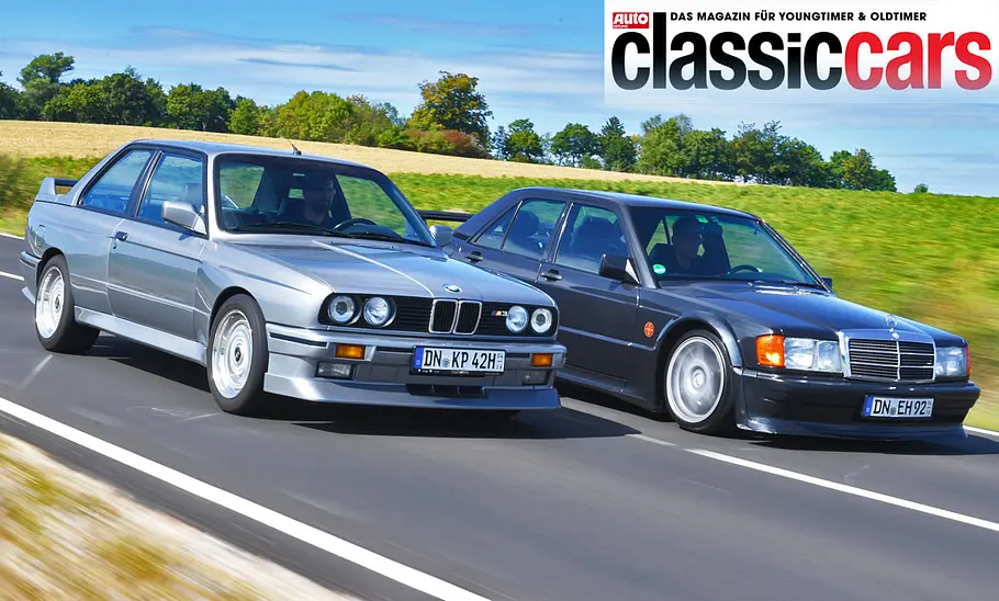 BMW M3 E30 und Mercedes 190 Evo fahrend von schräg vorne fotografiert.
