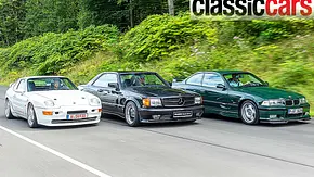 Porsche 968 Turbo S/Mercedes 560 SEC AMG/BMW M3 GT fahrend von schräg vorne. - Foto: Frank Ratering