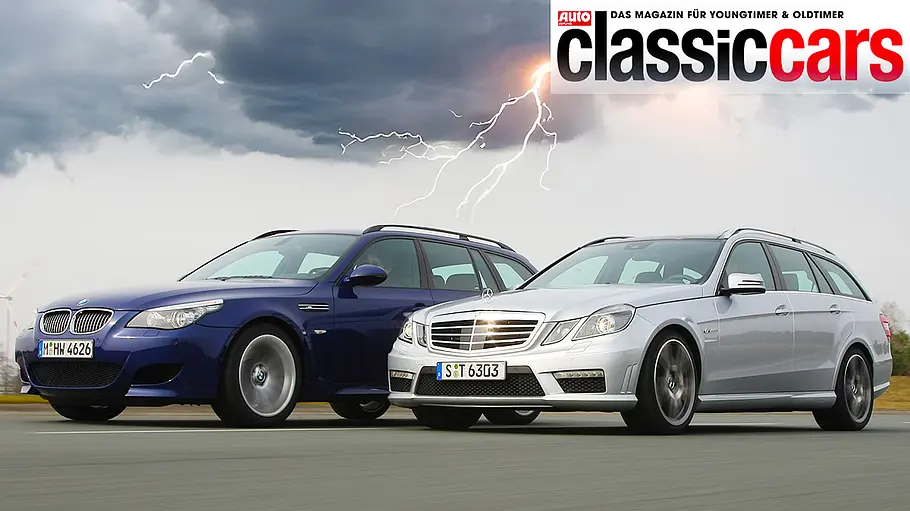 BMW M5 Touring/Mercedes E 63 AMG T-Modell BMW M5 Touring/Mercedes E 63 AMG T-Modell fahrend von schräg vorne fotografiert.