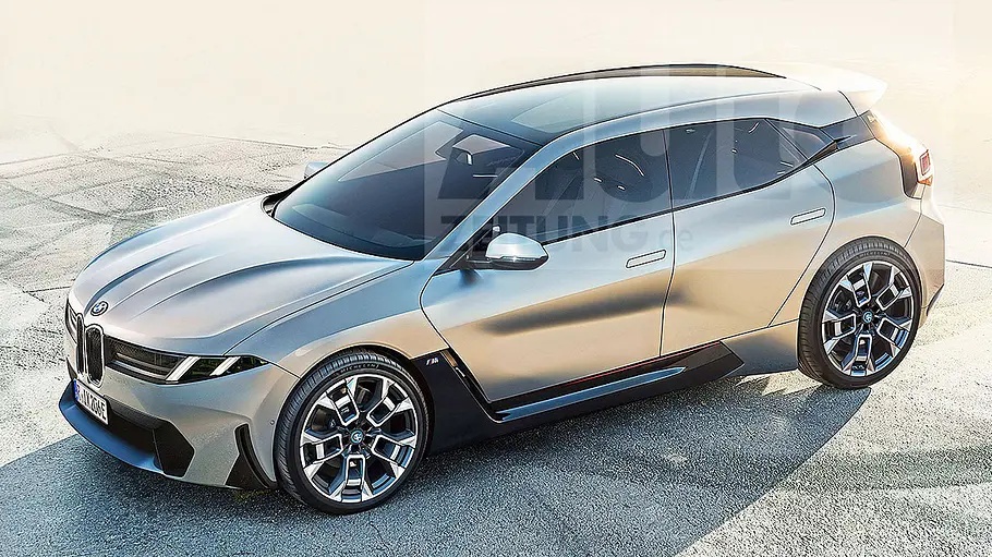 Blick von schräg vorne auf den illustrierten BMW i1 (2028).