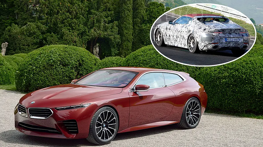 Eine Collage zeigt den BMW Concept Speedtop sowie den Erlkönig des BMW Concept Skytop.