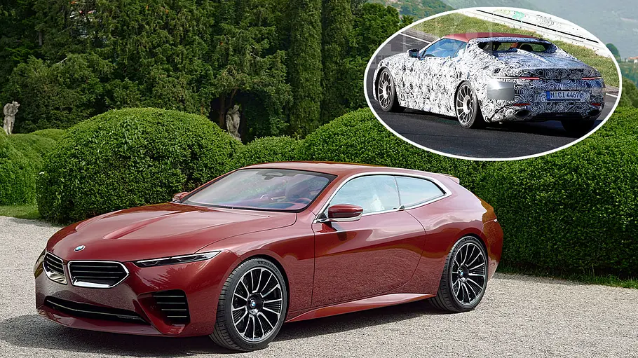 Eine Collage zeigt das BMW Concept Speedtop und den Skytop als Erlkönig.