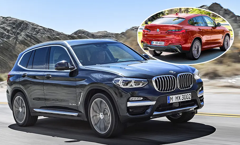 Eine Collage zeigt den BMW X3 (2017), der vor einem Bergpanorama fährt, und den X4 (2018).